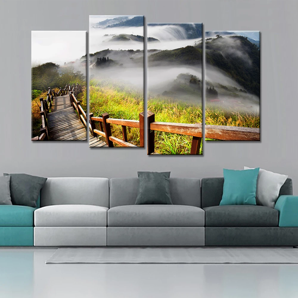 4 Pieces Modern Mountain Top Spectacular Fog Landscape Canvas Painting
