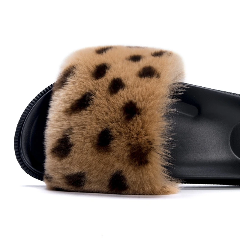 JELLYFOND Furry Slides for Women Leopard Slipper Real Rabbit Fur Slides Furry Flat Sandals Female Cute Fluffy Summer Shoes Woman