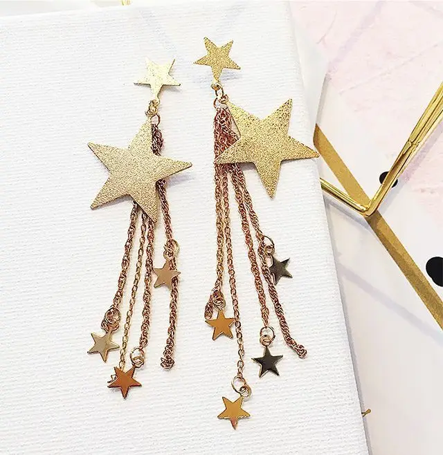 

New Frosted Star Earrings Personality Temperament Five-pointed Star Long Fringe Earrings Korean Earrings Stud Trendsetter