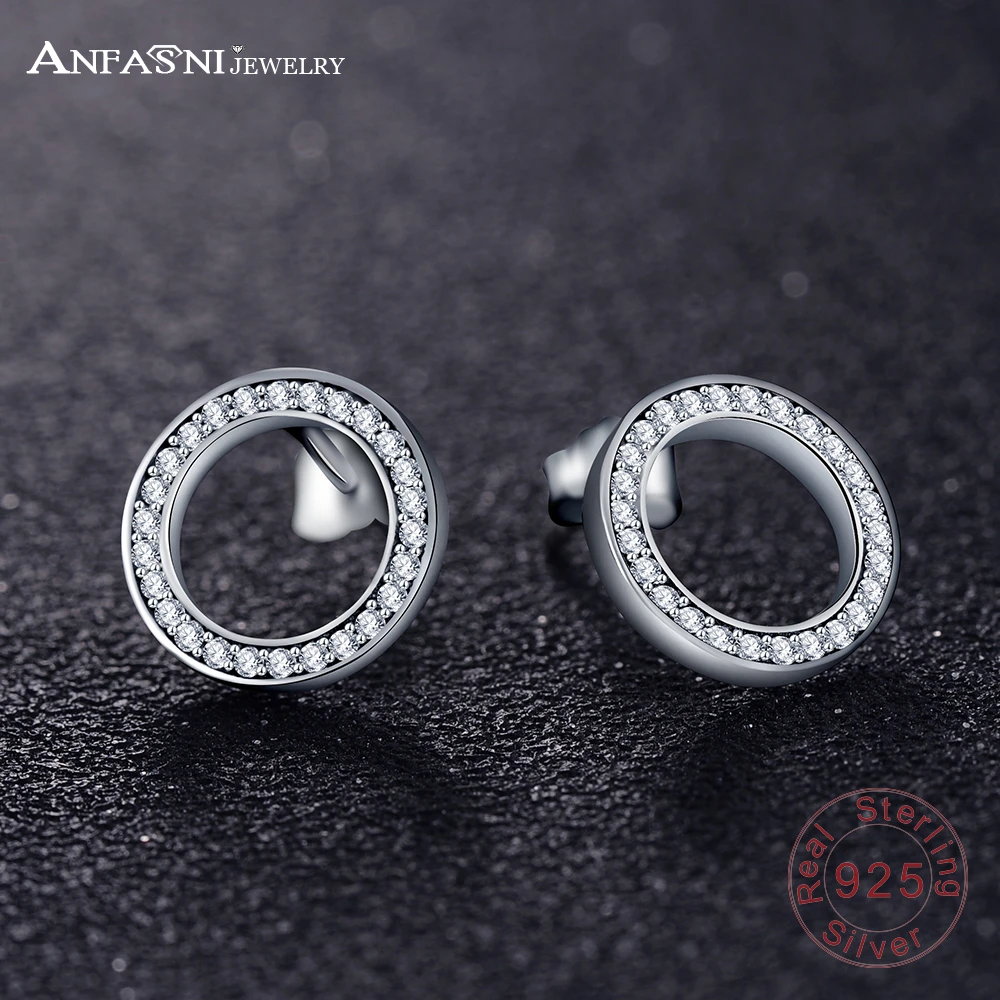 

ANFASNI 925 Sterling Silver Forever Stud Earrings With Clear Cubic Zirconia Round Shape Earrings Compatible Jewelry PSER0082-B
