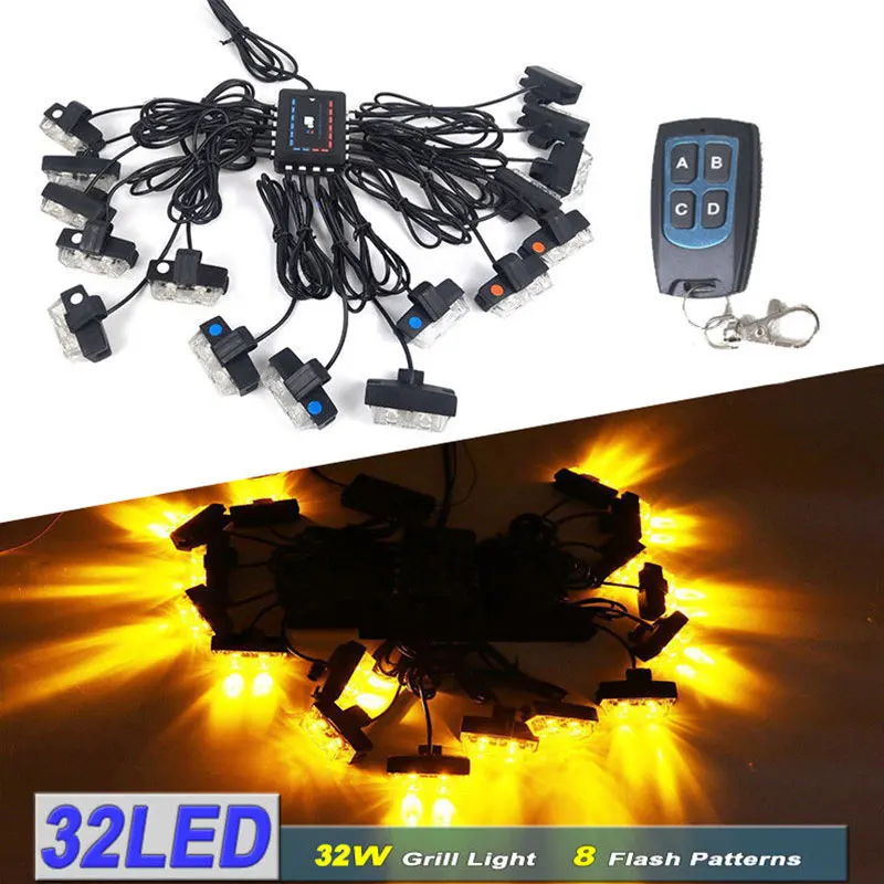 

Car LED 16x 2 Flash Emergency Strobe Warning Grill Light wireless control Ultra Bright 32 LED 32W Red Blue Amber White