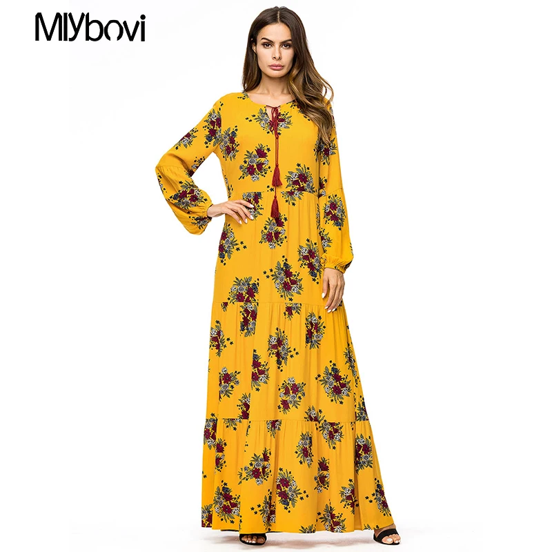 2018 Fashion Women Muslim Dress O Neck Long Plus Size 4XL Drawstring