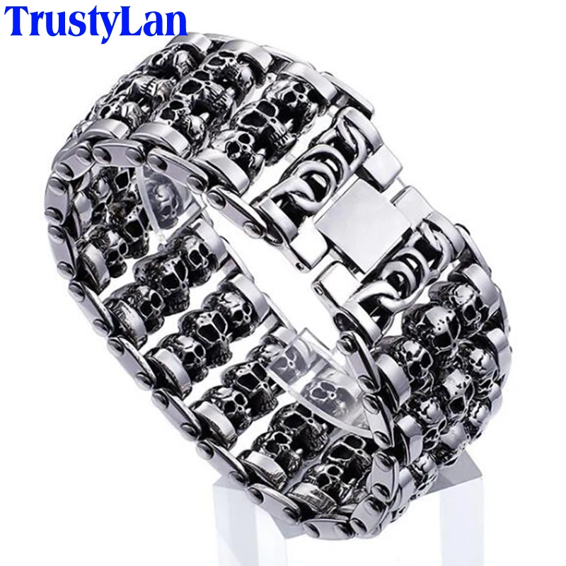 

TrustyLan Solid Stainless Steel 35MM Wide Heavy Men's Skeleton Skull Bracelet Punk Rocker Ghost Bangle Biker Jewelry Bracelets