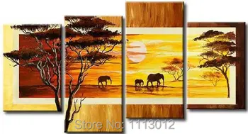 

Modern Abstract Fashion Artwork Yellow Elephant Tree Oil Painting On Canvas 4 Panel Art Set Home Wall Decorative For Living Room