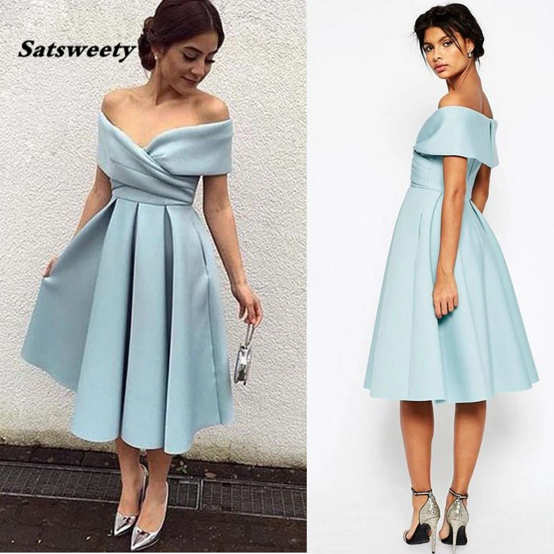 Blue-Off-The-Shoulder-Prom-Gowns-Ruffles-Satin-Tea-Length-Evening-Gowns-With-Pockets-Elegant-Party