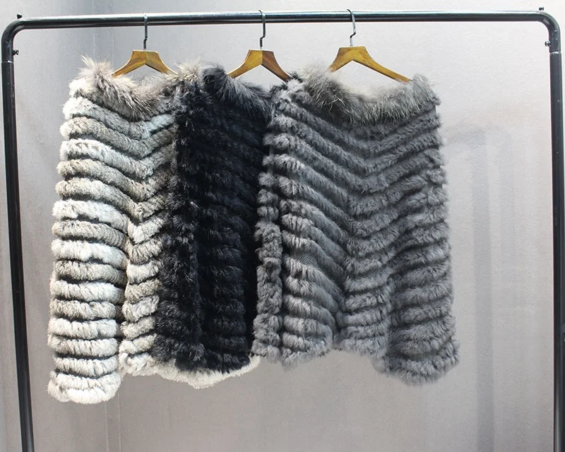 female natural knitted rabbit fur poncho with collar  (1)