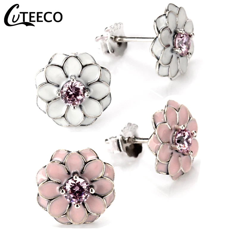 

CUTEECO Hot Sale Daisy Flower Stud Earrings Pink White Color Enamel Fits Brand Earrings for Women Fashion Jewelry Gifts
