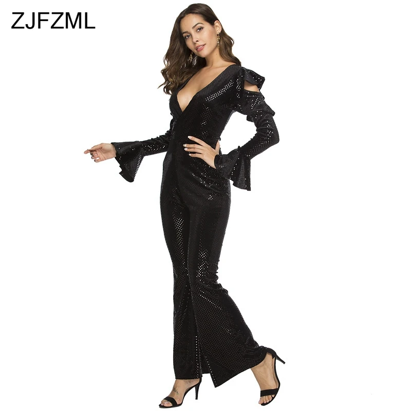 Black Sexy Rompers Piece Deep Pant Cut Long Sleeve Out Overall Sparkly Womens Neck V Bodysuit One Sequins Elegant Flare Jumpsuit wxgAgE6q