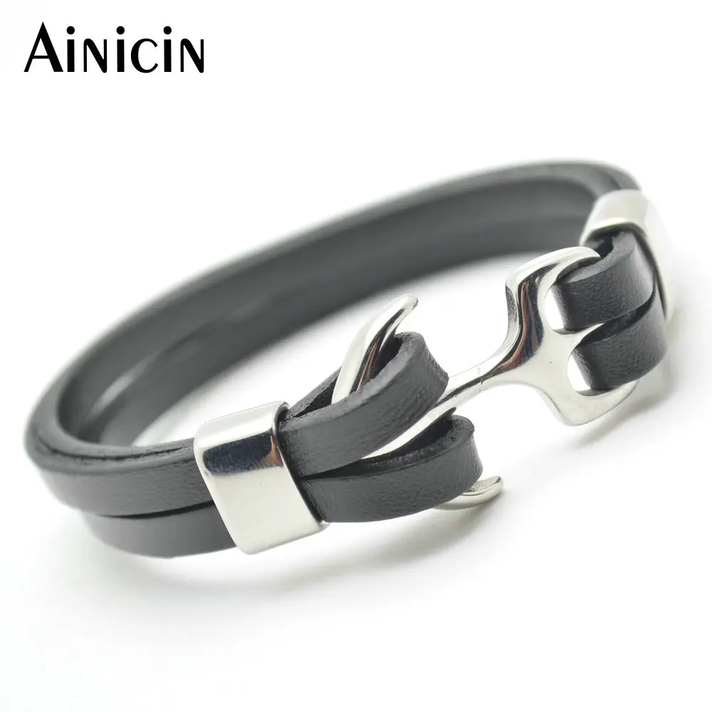 

5pc High Quality Double Rows Stainless Steel Anchor Bracelet 8 Inches Genuine Leather Bangles Fashion Men Jewelry