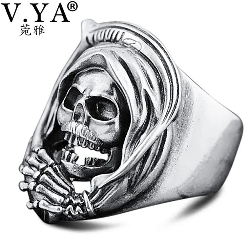 

V.YA Adjustable 925 Silver Rings for Men Punk Style Hell Death Skull Finger Ring S925 Sterling Silver Jewelry