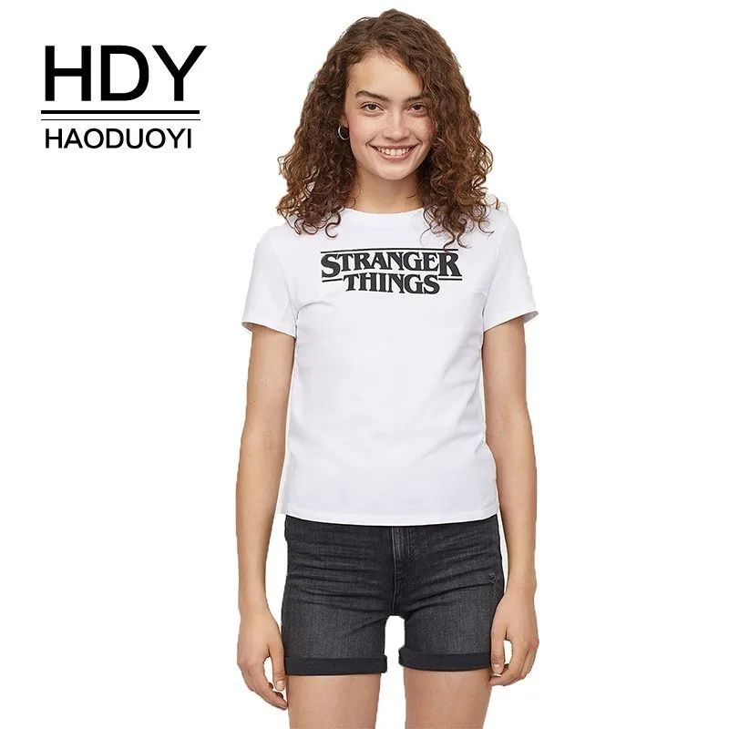 

HDY Haoduoyi 2019 Western Style Simple Wind White Letter Printing Round Neck Tops Slim Fit Short Sleeve Summer Women T-shirt