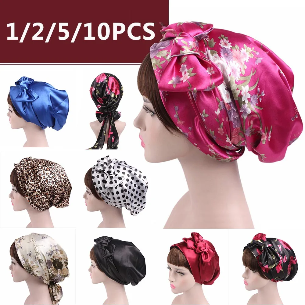 

1/2/5/10pcs 58cm Soft Silk Women Night Sleep Shower Cap Adjustable Long Hair Care Bonnet Headwrap Hat Soft Satin Hat Accessories