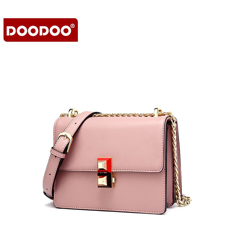 

DOODOO new 2017 messenger crossbody shoulder sling bag lock chains solid PU leather female fashion lady handbags girl women bags