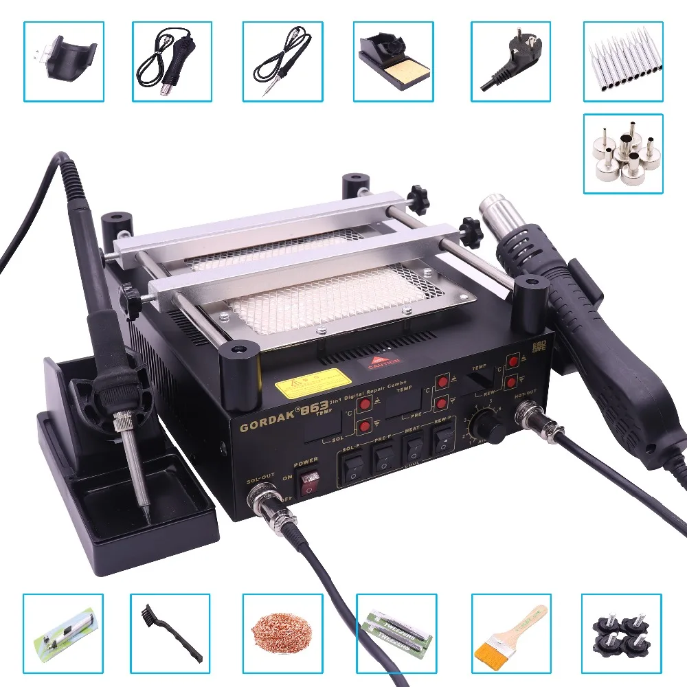 Gordak 863 3 in 1 Digita Hot Air Heat Gun BGA Rework Solder Station + Electric Soldering iron + IR Infrared Preheating Station цена Gordak 863 3 in 1 Digita Hot Air Heat Gun BGA Rework Solder Station + Electric Soldering iron + IR Infrared Preheating Station цены онлайн