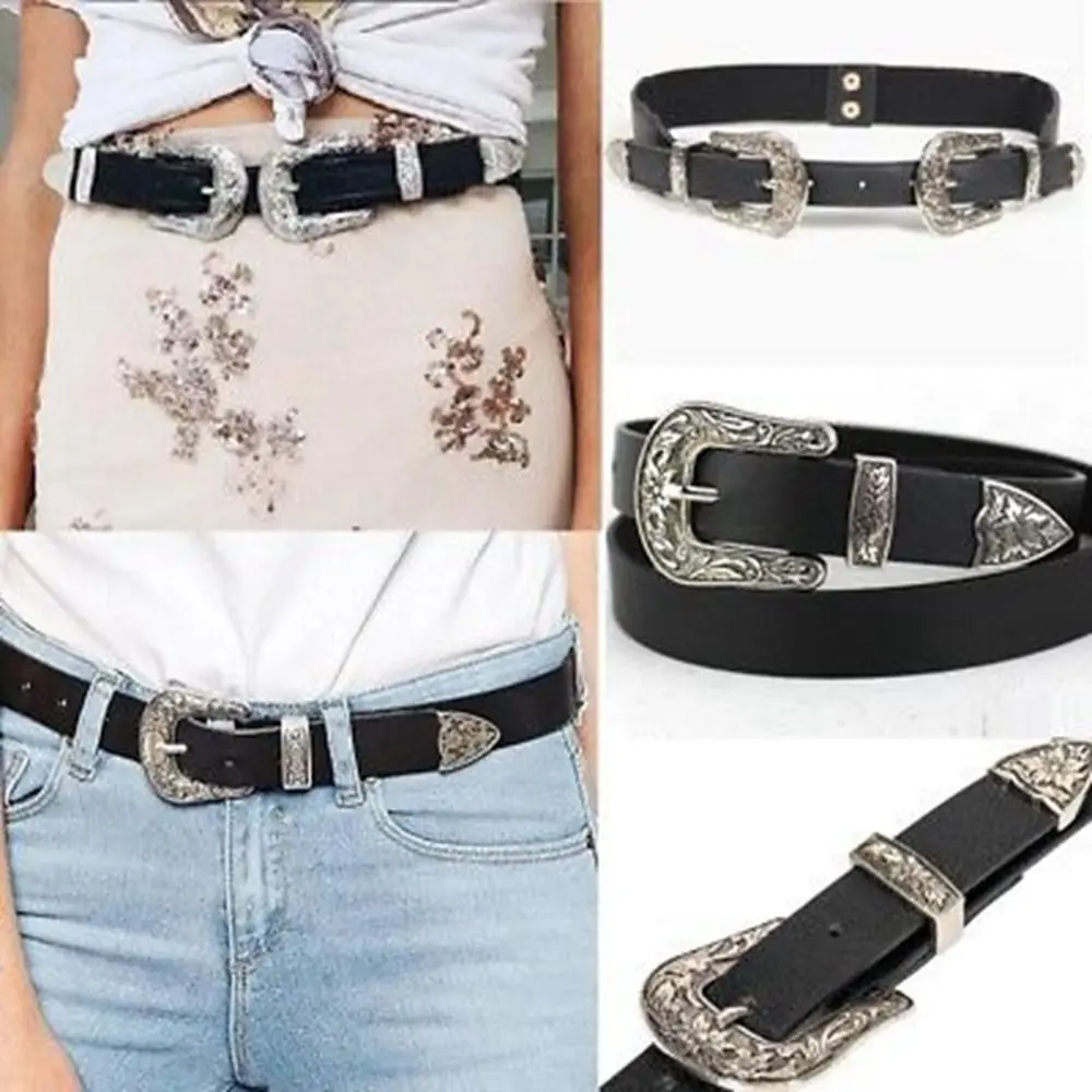 1 pcs Retro Carved Women Waist Belt Black Leather Western Cowgirl