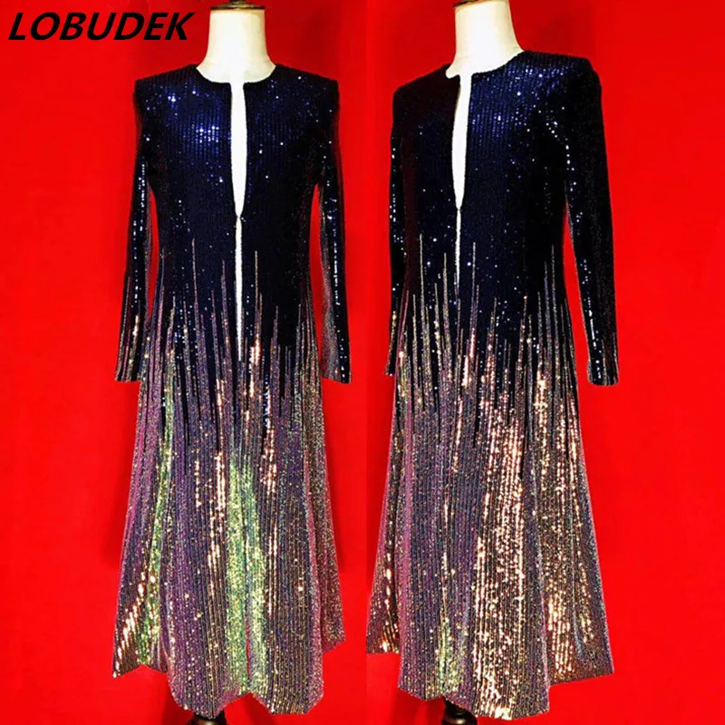 

Customized Plus Size Colorful Sequins Slim Jacket Long Coat Men's Clothing Fashion Tide Male Singer Host Nightclub Bar Costume