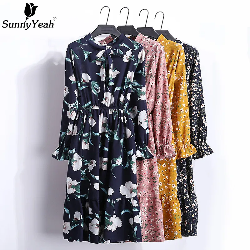 

SunnyYeah Floral Print Dress Women Casual 2019 New Arrival Red Chiffon Summer Dress Female Ruffle Ladies Dresses Vestidos Mujer