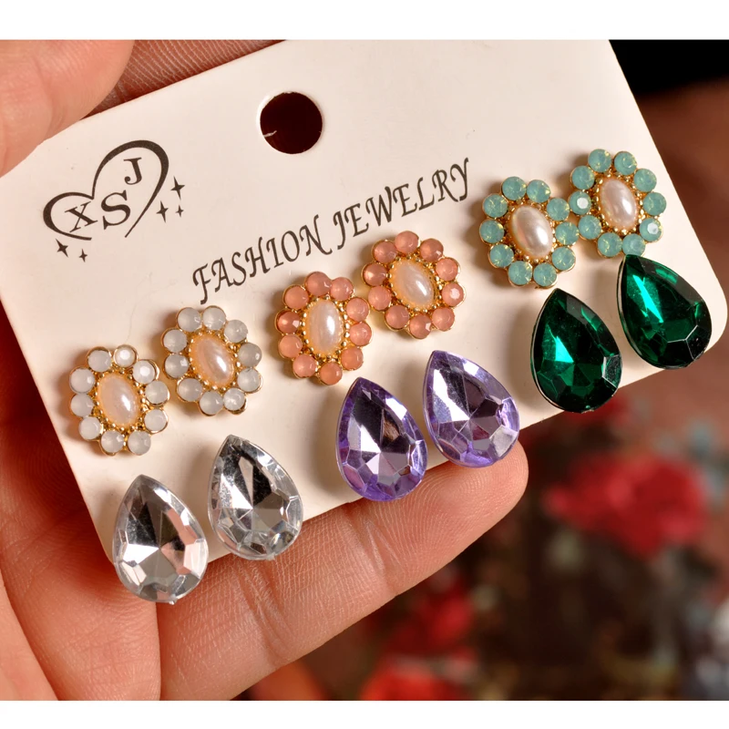 

New fashion women jewelry wholesale girls birthday party gorgeous white green purple mix style 6 pairs /set beautiful earrings