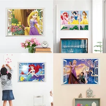 Frozen Snow White Cinderella Belle Aurora Princess 3D Window Wall Stickers Kids Room Home Decor Cartoon Mural Anime Wall Decals