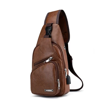 

5PCS / LOT New Men's Crossbody Bags Male USB Chest Bag PU Leather Shoulder Bags Diagonal Package Back Pack Travel
