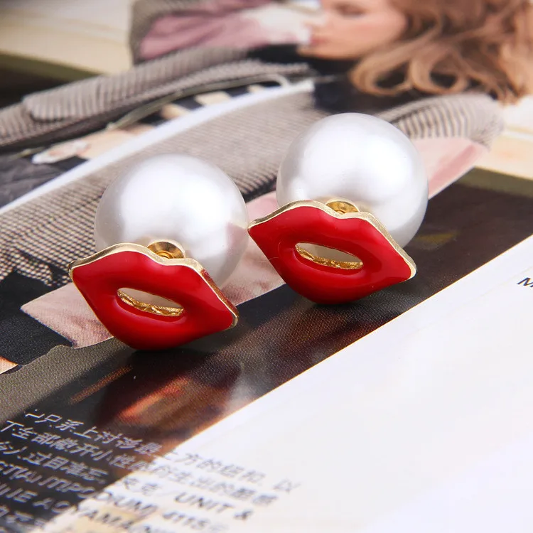 Buy Sexy Red Lip Shape Stud Earrings Gold Color Double Side Earrings for Women