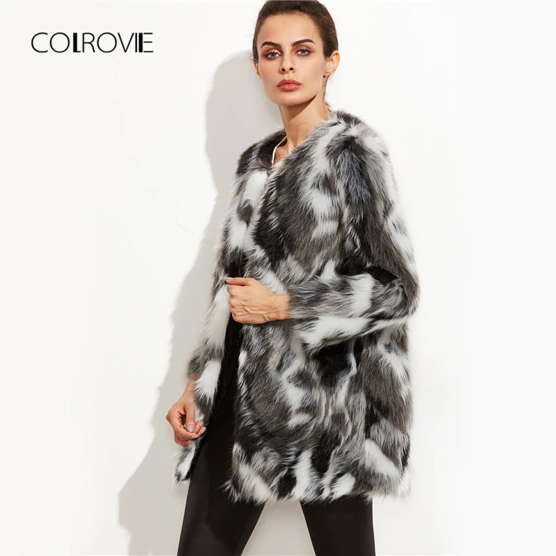 COLROVIE Faux Fur Fuzzy Coat Women ColorBlock Open Front Elegant Autumn Coats Fashion Winter Long Sleeve OL Work Coat Outerwear COLROVIE Faux Fur Fuzzy Coat Women ColorBlock Open Front Elegant Autumn Coats Fashion Winter Long Sleeve OL Work Coat Outerwear