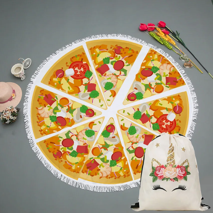 

Pizza Donut Round Summer Beach Towels Yoga Mat Blanket Seaside Bath Wall Tapestry Bikini Cover Up With Drawstring Backpack Bag