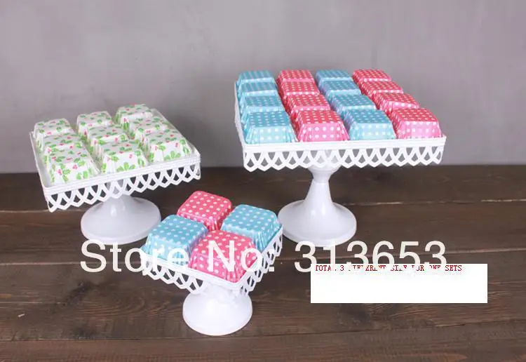 

Hot sale White metal cake stands cake pan wedding decoration cupcake holder (one set for 3 different size )