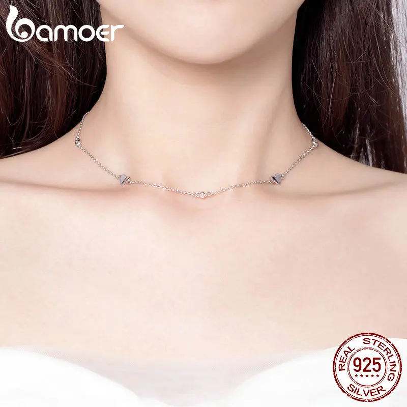 

BAMOER Folding Heart Necklace Korean Minimalist Simple Short Choker Necklaces for Women 925 Sterling Silver Fine Jewelry GAN047