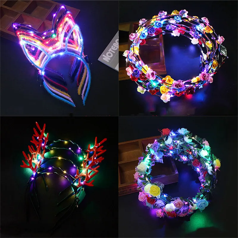 

12pcs Party Glowing Wreath Halloween Crown Flower Headband Women Girls LED Light Up Hair Wreath Hairband Garlands Gift Festival