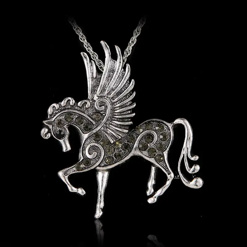 Rinhoo Pegasus Fly Horse Pendant with long Chain Necklace silver Jewelry