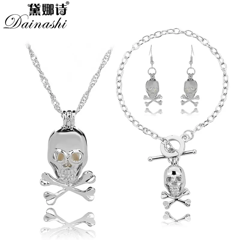 

Lowest Price Halloween Skeleton Pearl Cage Locket Set(1 Cage Necklace, 1 Chain Bracelet, 1 Drop Earring) Punk Style Fine Gifts