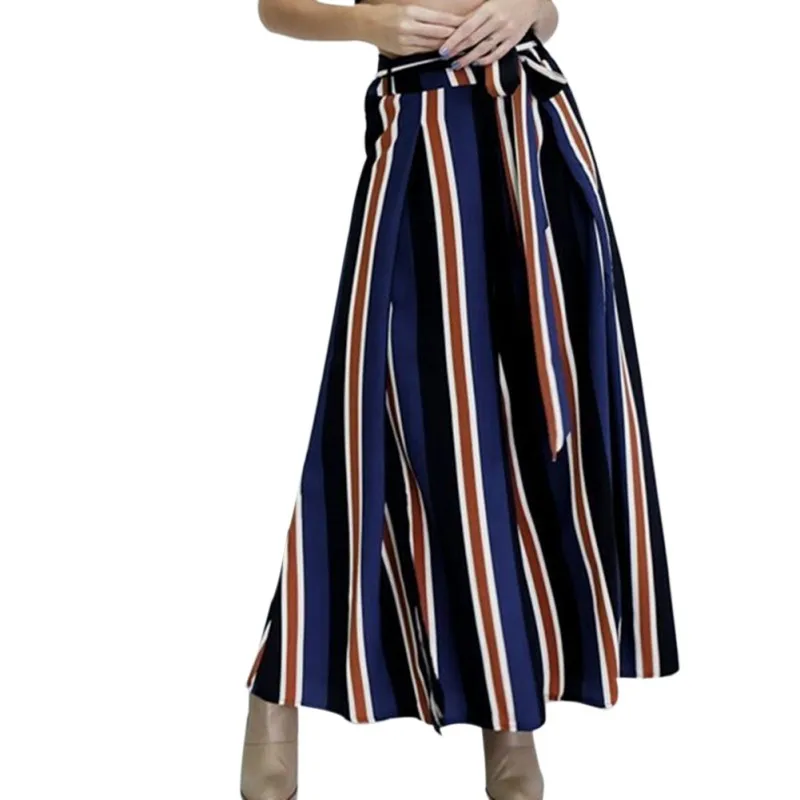 

Casual Women Loose Fit Bow Tie Striped Print Wide Pants High Side Slit Drawstring Trousers Slim Thin High Waist
