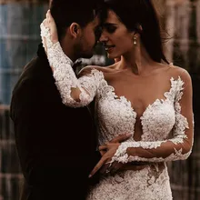 Сексуальное кружевное свадебное платье русалки с длинными рукавами Boho с открытой спиной и аппликацией Vestido de Noiva винтажные Свадебные платья на Прокат