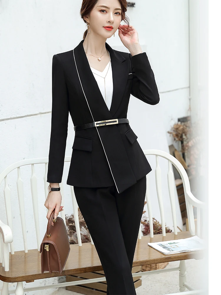 Женский черно-белый брючный костюм, зимний S-5XL, Модный китайский стиль для отеля, для работы в самолете, женский костюм, комплект из блейзера и штанов