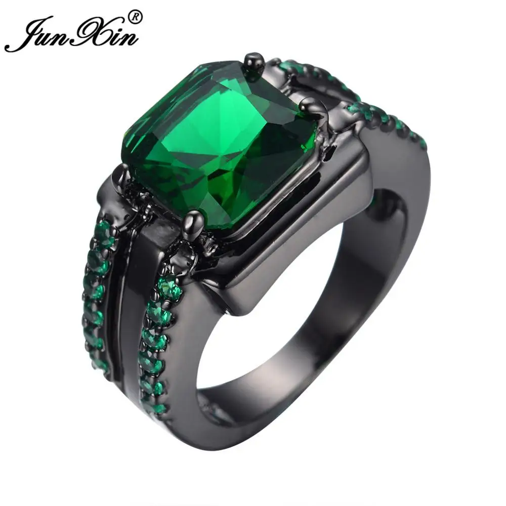 JUNXIN 90 скидка! Модные большие квадратные каменные женские мужские кольца из черного золота с цирконием черный/красный синий кристалл квадратный мужской обручальное кольцо - Цвет основного камня: Зеленый