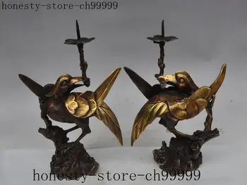 

12" china folk bronze gilt Magpies bird flower statue Candlesticks Candle Holder