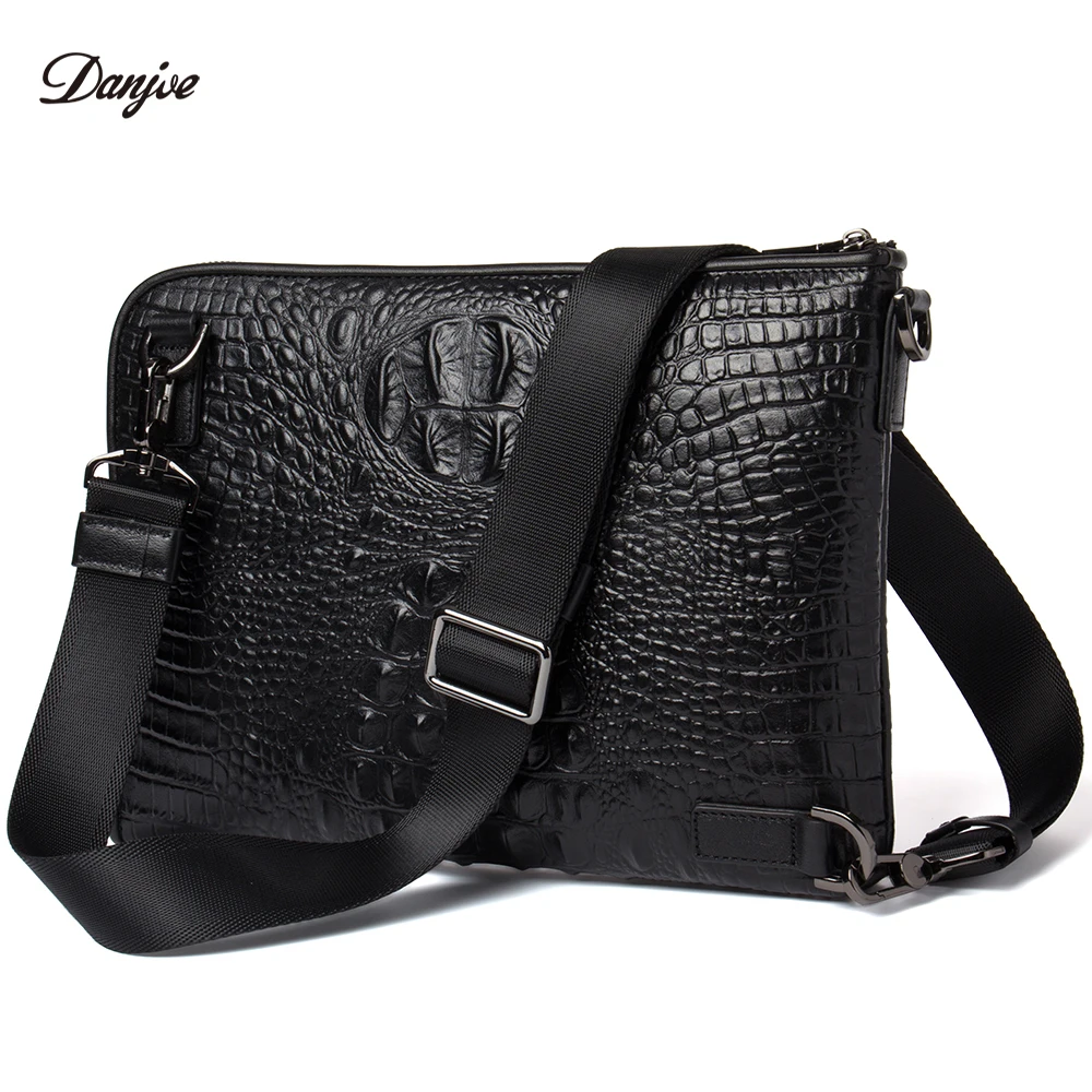 DANJUE Men Messenger Bag Genuine Leather Daily Clutches Bag Male Crocodile Grain Handy Bag Leisure Black Business Bag Man