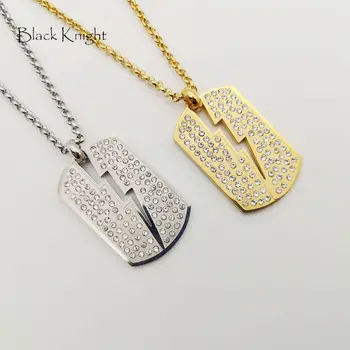 

Black Knight CZ stones Stainless steel hollow out Lightning dog tag pendant necklace men cool hip hop dog tag necklace BLKN0730