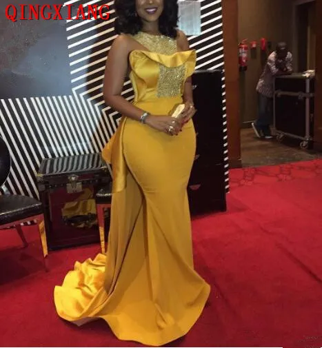

2019 African Gold Mermaid Evening Dresses With Over Skirt Jewel Sweep Train Sequins Beads Formal Prom Party Gown Robe De Soiree