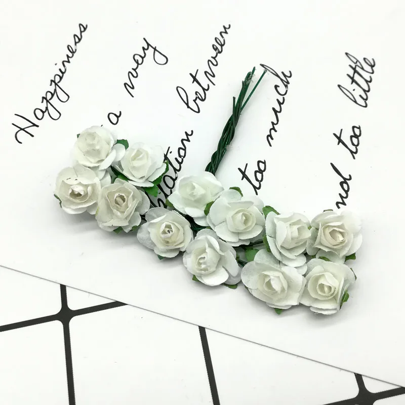 12 шт. 1 см Мини Искусственные бумажные цветы многоцветный букет роз для украшения конфет Подарочная коробка DIY ВЕНОК ручной работы поддельные цветы - Цвет: white