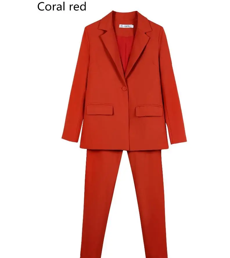 Рабочие брючные костюмы OL, комплект из 2 предметов для женщин, бизнес-униформа для интервью, smil Блейзер и брюки-карандаш, деловой женский костюм, комплект - Цвет: Кораллово-Красный