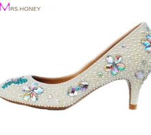 Handwerk Kätzchen Ferse Hochzeit Schuhe Elfenbein Perle Bankett Prom Party Schuhe Strass Brautschuhe runde Kappe formalen Kleid Heels