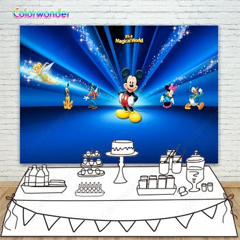 

Kids Background for Photography Mickey Mouse with Minnie Mouse and Their Friends 7x5ft Twinkle Twinkle Stars Blue Wall Backdrops