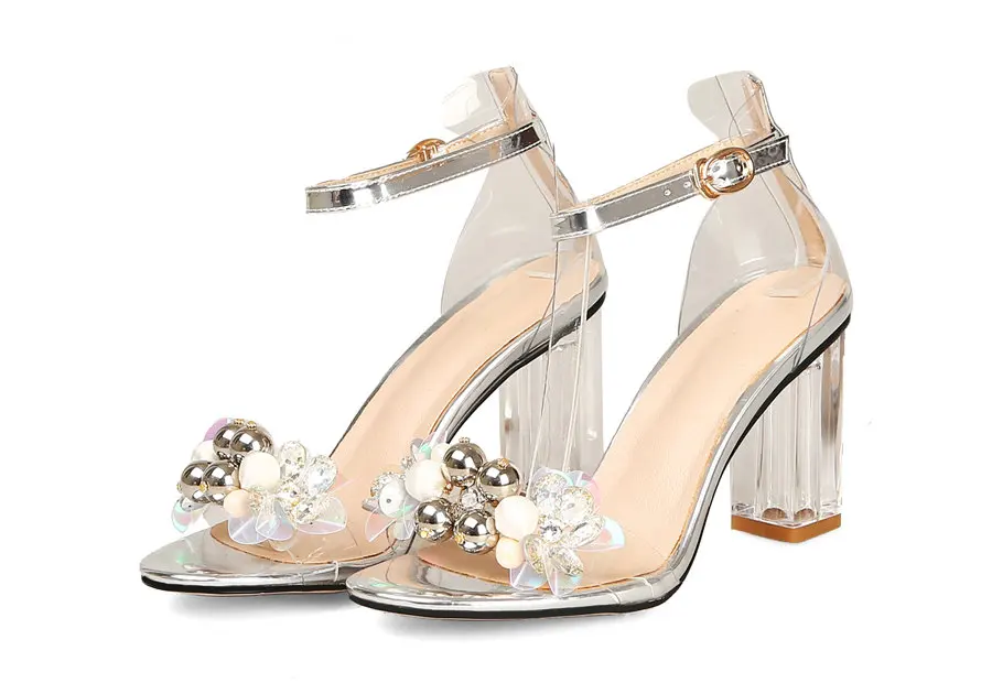 Элегантные женские босоножки на высоком квадратном каблуке с кристаллами; прозрачная Летняя женская обувь с ремешком на щиколотке из ПВХ, красного и белого цветов и стразами