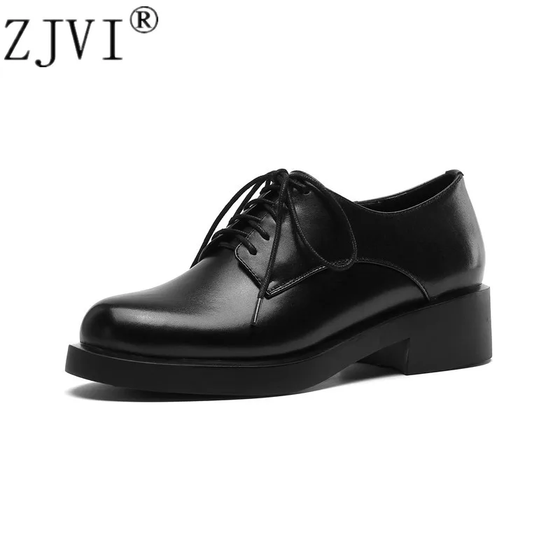 

ZJVI woman 2019 fashion genuine leather pumps ladies autumn black 4cm square heels shoes for women casual winter round toe shoes