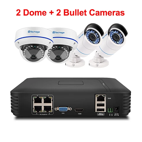 Techage 4CH 1080P HDMI POE NVR Комплект охранной системы видеонаблюдения 2MP IR-Cut Крытый Открытый CCTV купольная ip-камера P2P комплект видеонаблюдения - Цвет: 2 Dome and 2 Bullet