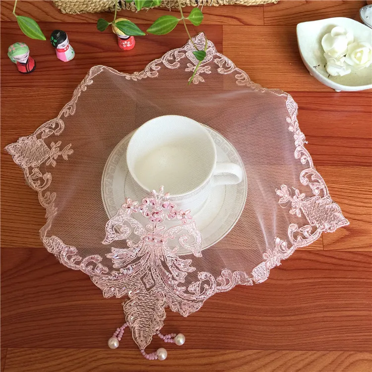 

Korean Mesh Tulle Pink Handmade Glitter Beads Lace Napkins Tassel Sequins Embroidery Dish Mat Cup Wine Coaster Pad Wedding Doily