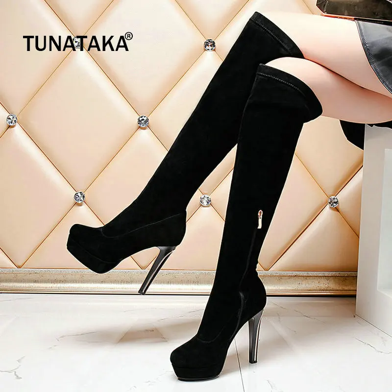 

Suede Thin High Heel Side Zipper Woman Knee High Boots Fashion Platform Winter Calf Boots Black