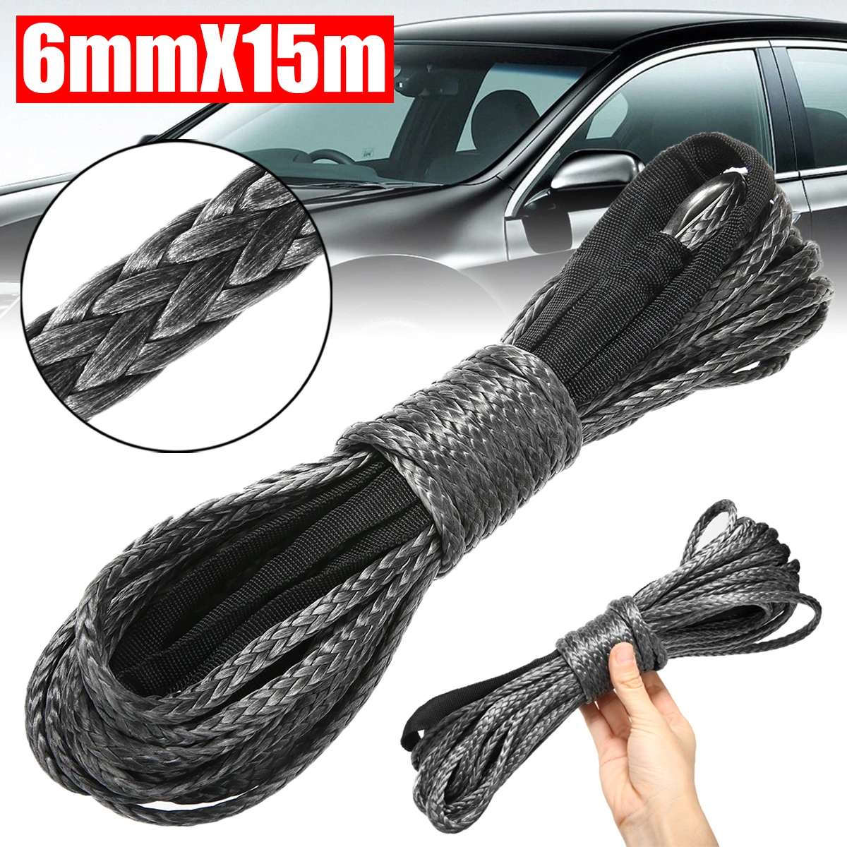 

6mm x 15M 7700lbs Synthetic Winch Rope Cable Linewith Woven Metal Eye Hole For ATV UTV Off-road Gray